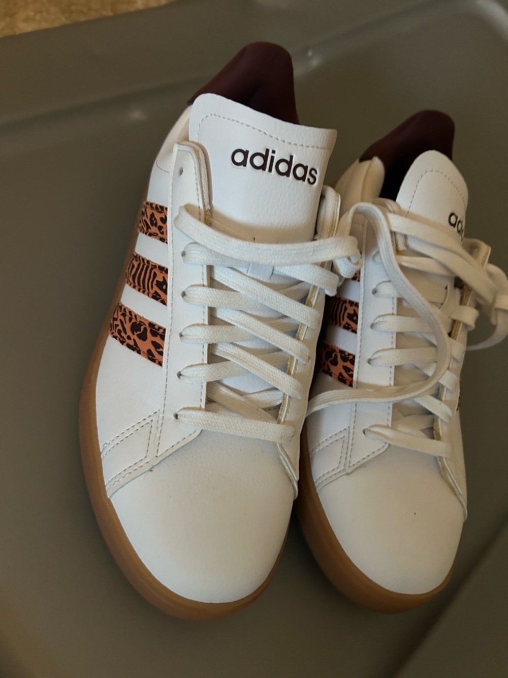 adidas Women’s White Sneakers with Leopard-Print Stripes and Gum Sole